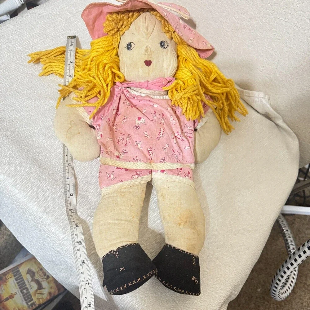 Vintage Handmade Rag Doll Yellow Yarn Hair Pink Circus Outfit Cottagecore 18